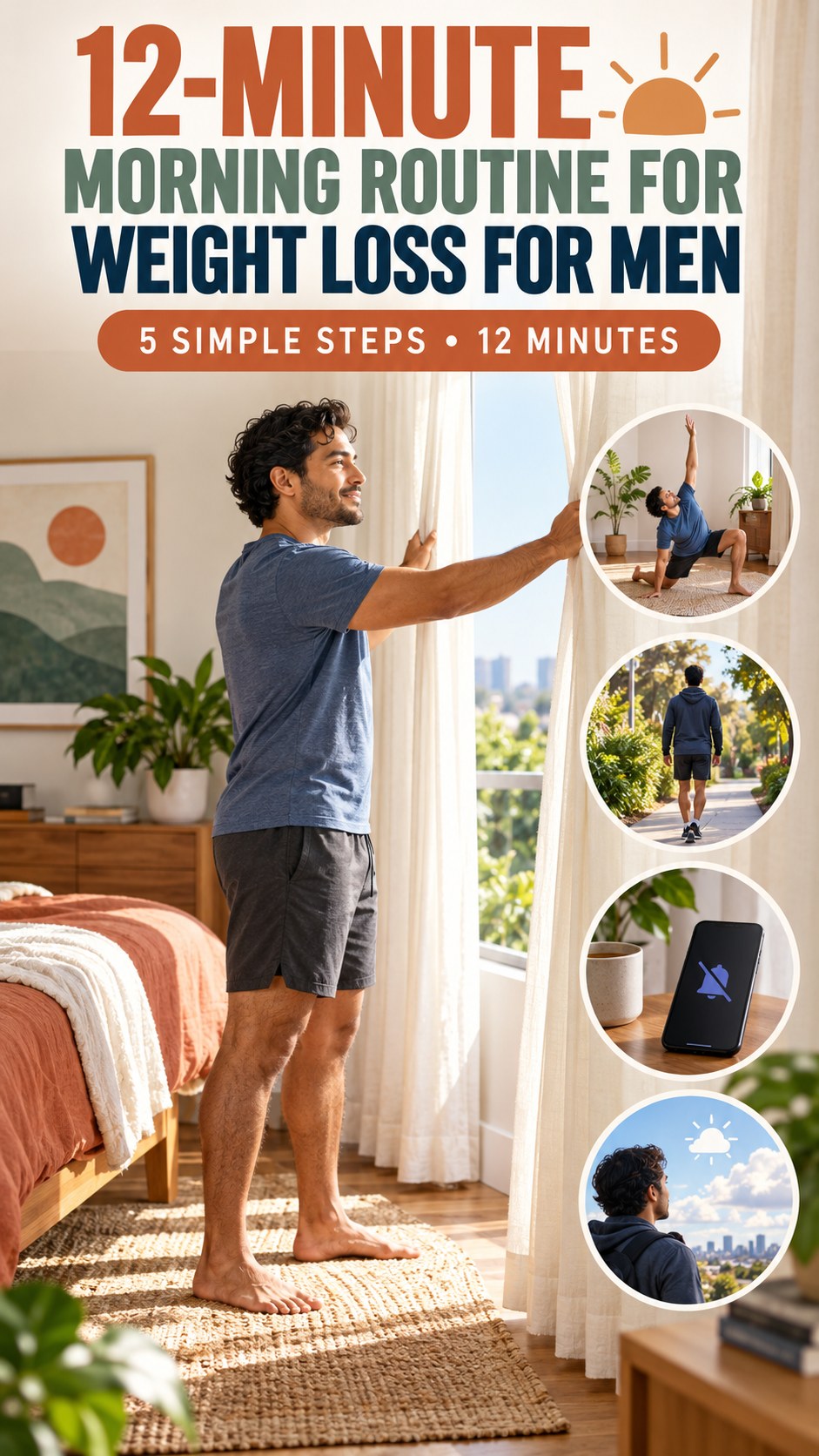Morning routine infographic for Weight Loss for Men showing open the curtains and five practical steps.