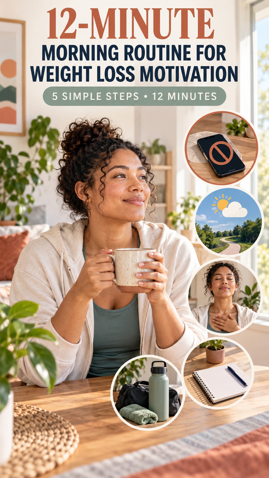 Morning routine infographic for Weight Loss Motivation showing set a screen boundary and five practical steps.