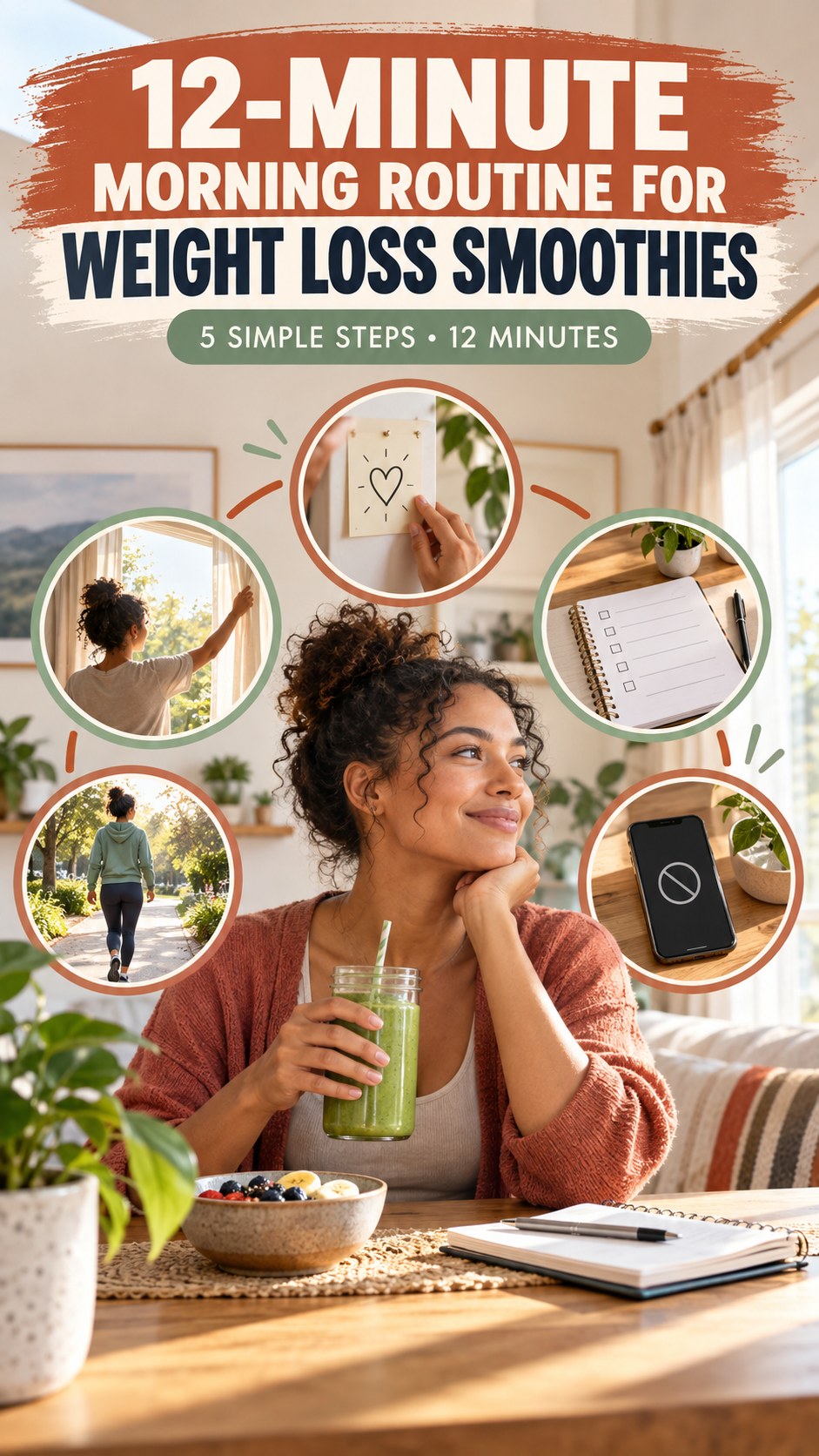 Morning routine infographic for Weight Loss Smoothies showing choose a recovery reminder and five practical steps.