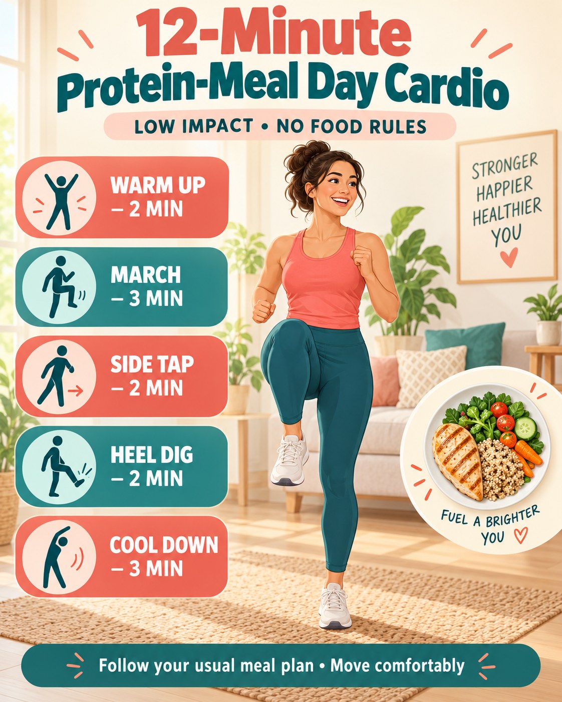 12-minute protein-meal day cardio infographic with five low-impact timed blocks