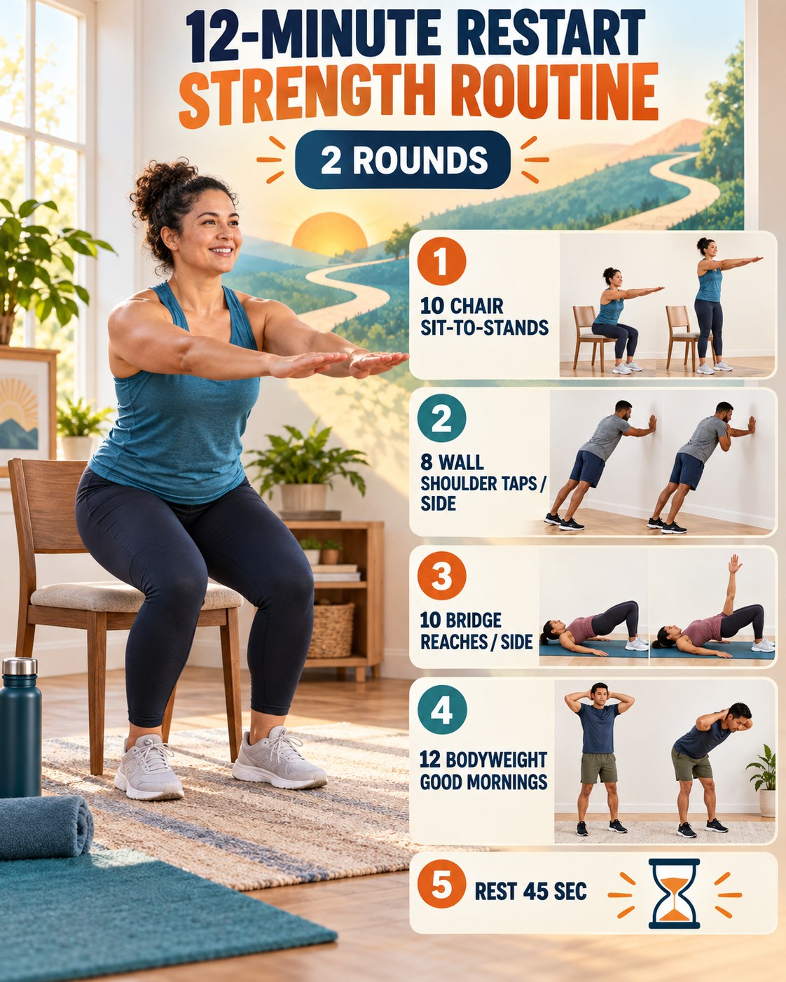 Woman doing a chair sit-to-stand beside a 12-minute restart strength routine infographic.
