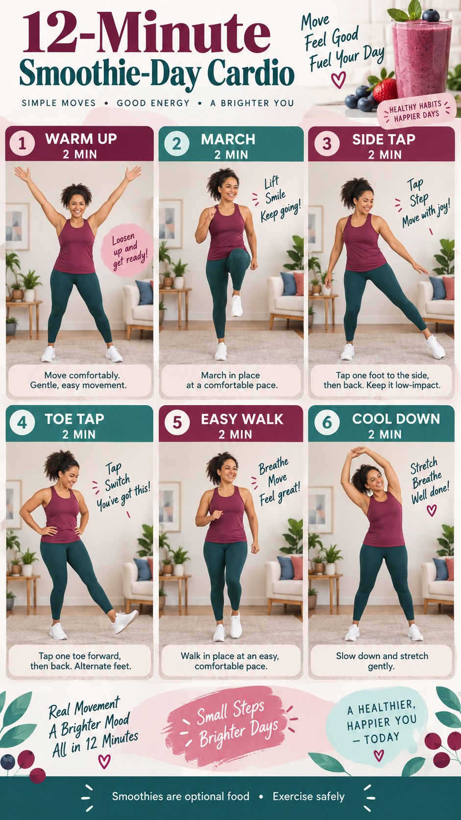 English infographic for 12-minute smoothie-day cardio showing the timed low-impact workout and safety guidance.
