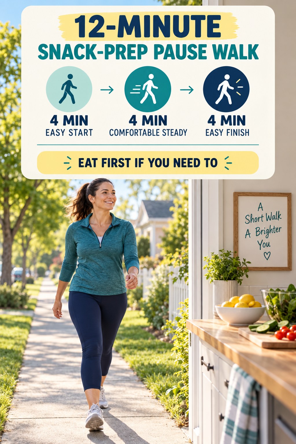 12-minute snack-prep walking pause with easy start, comfortable steady middle and easy finish