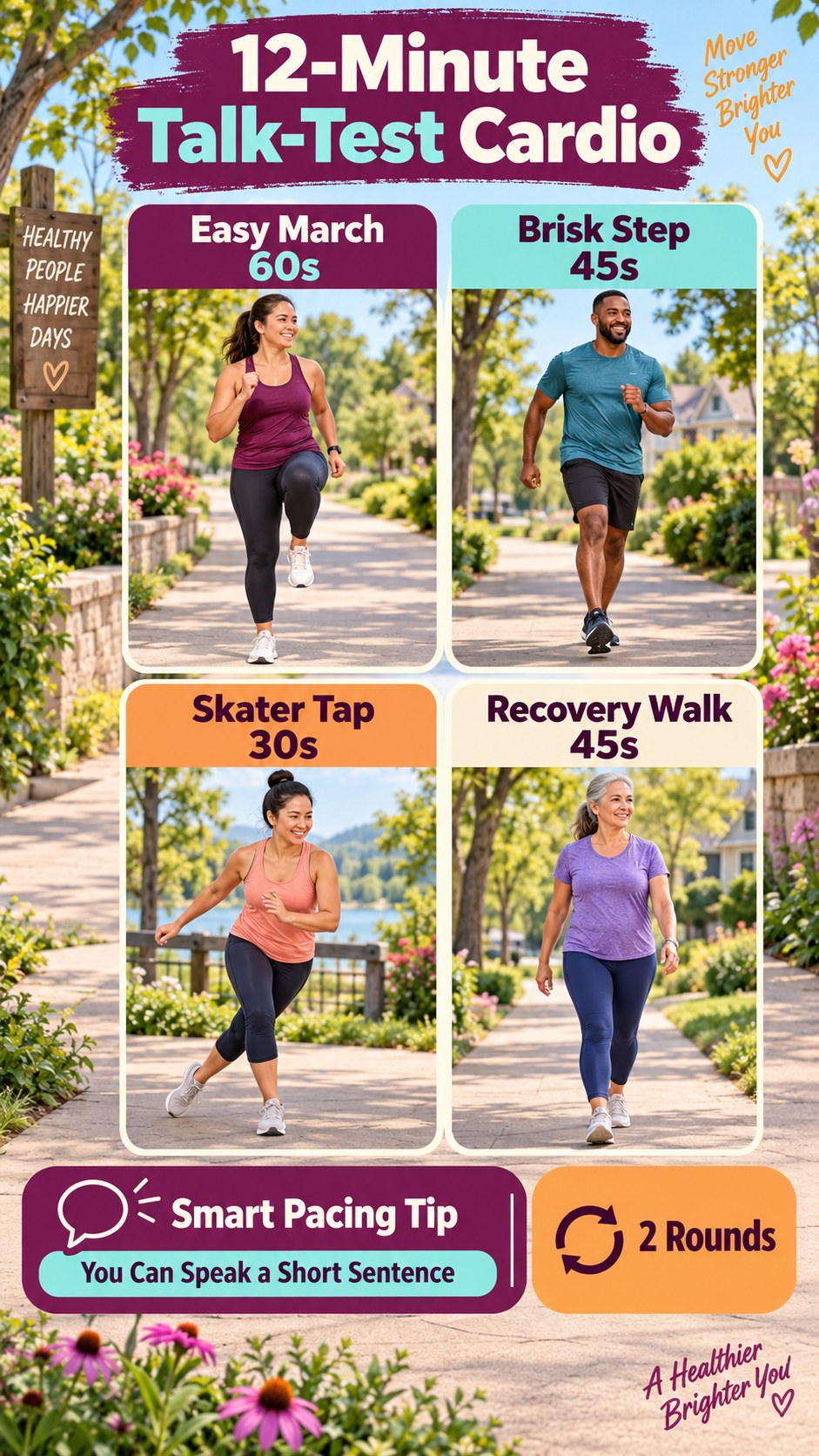 Talk-test cardio infographic showing easy marching, brisk stepping, low-impact skater taps, and recovery walking.