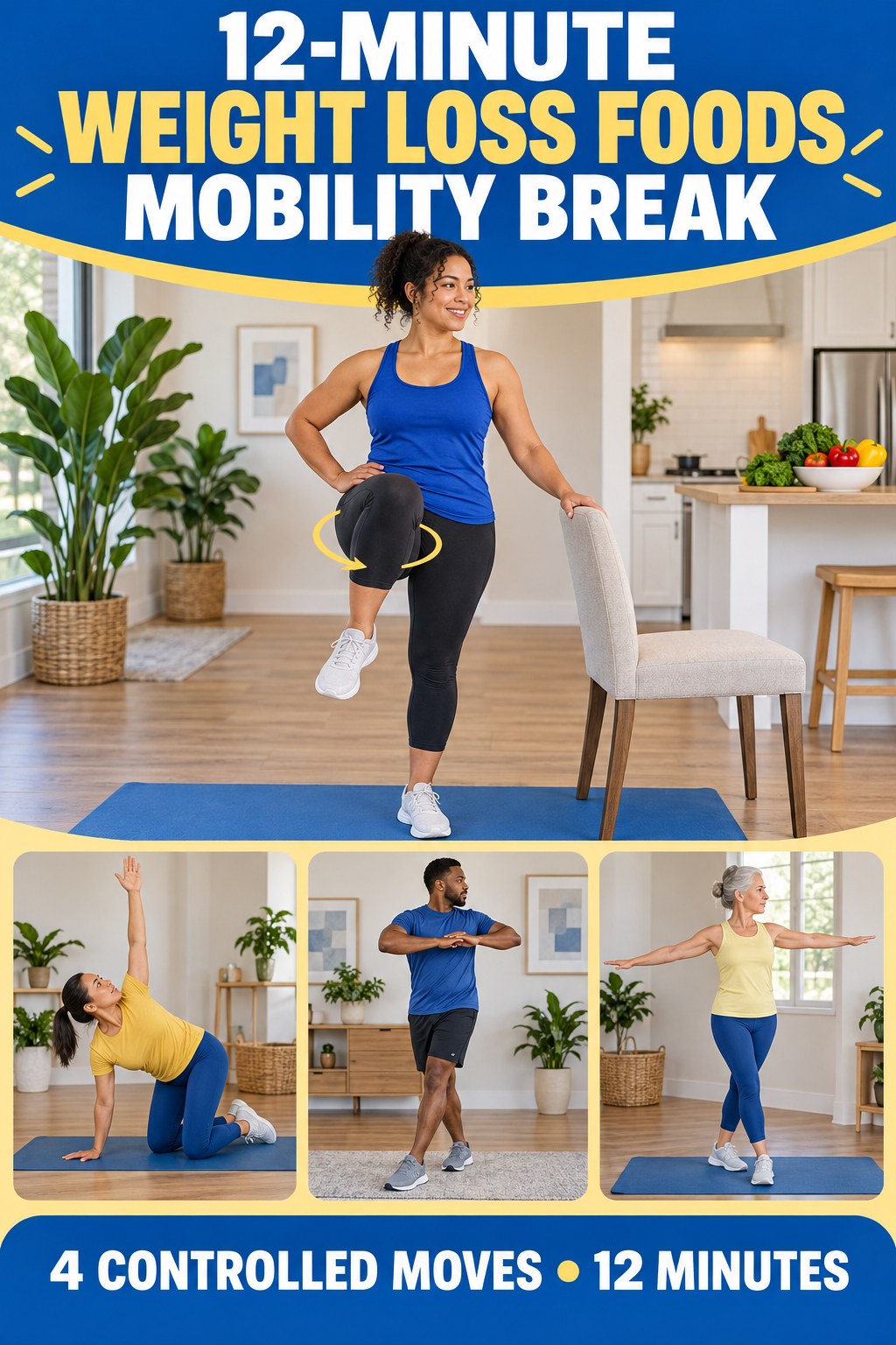 Adult demonstrating chair-assisted knee circles in a 12-minute weight loss foods mobility break infographic.