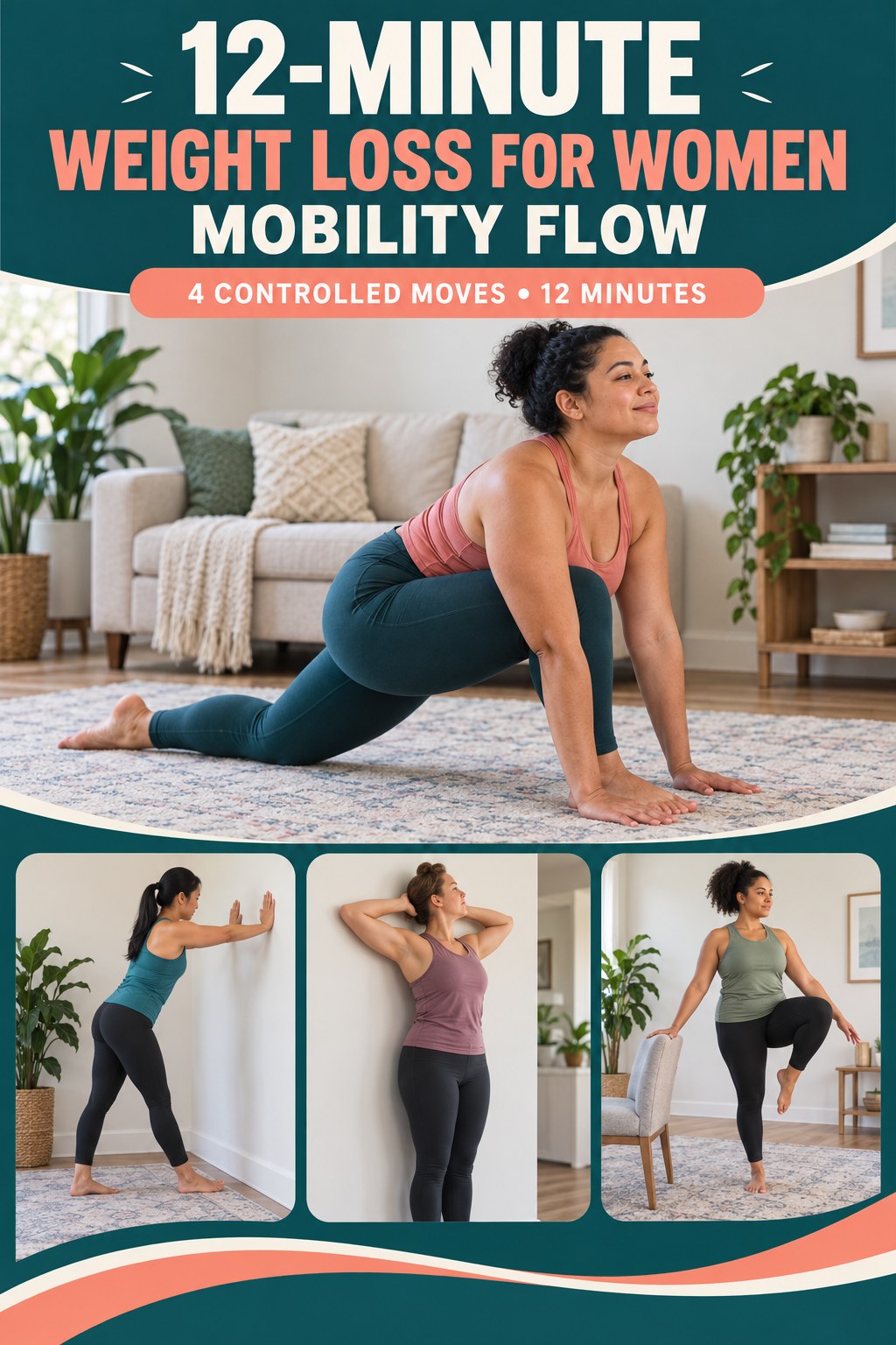 Adult demonstrating low lunge rock-backs in a 12-minute weight loss for women mobility flow infographic.