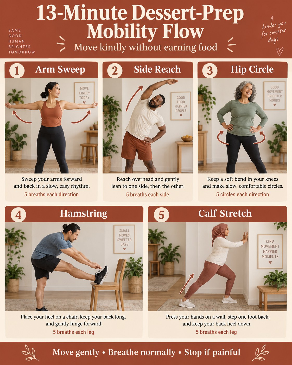 13-Minute Dessert-Prep Mobility Flow infographic demonstrating arm sweeps, side reach, hip circles, hamstring, calf stretch