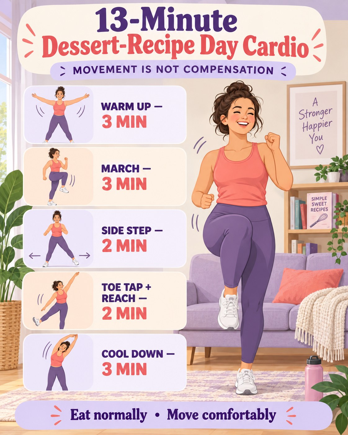 13-minute dessert-recipe day cardio infographic emphasizing comfortable movement without compensation