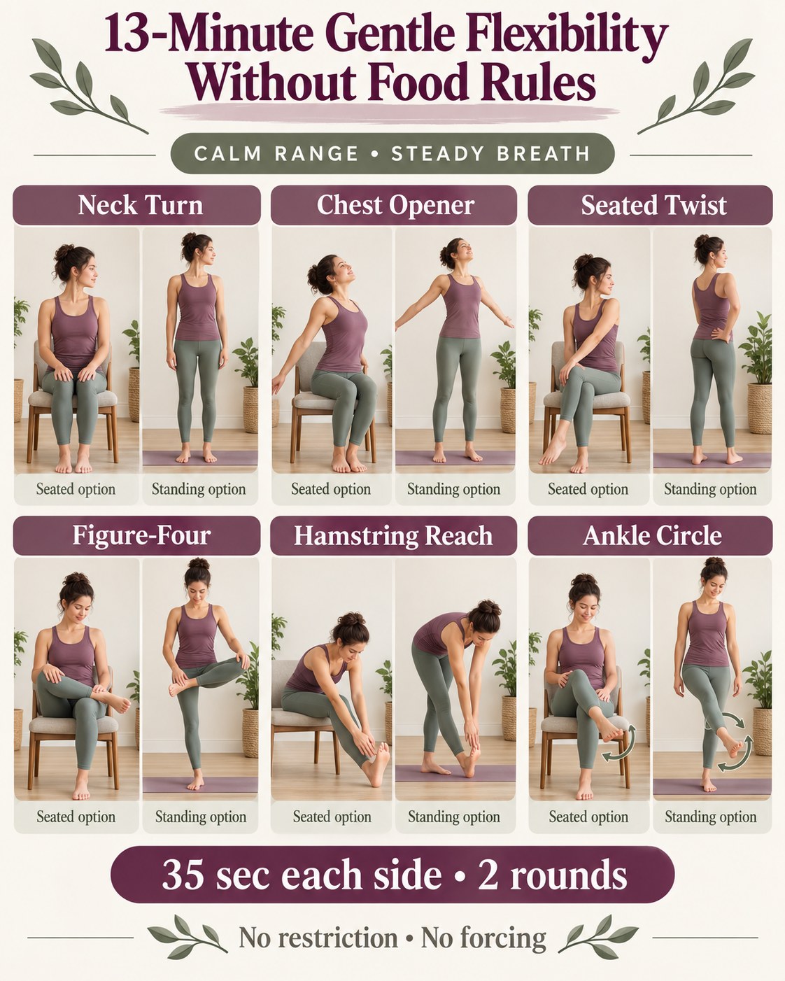13-minute gentle flexibility without food rules infographic with six movements