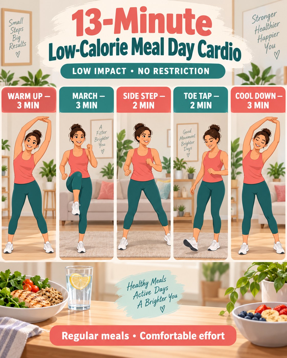 13-minute low-calorie meal day cardio infographic with five comfortable low-impact blocks