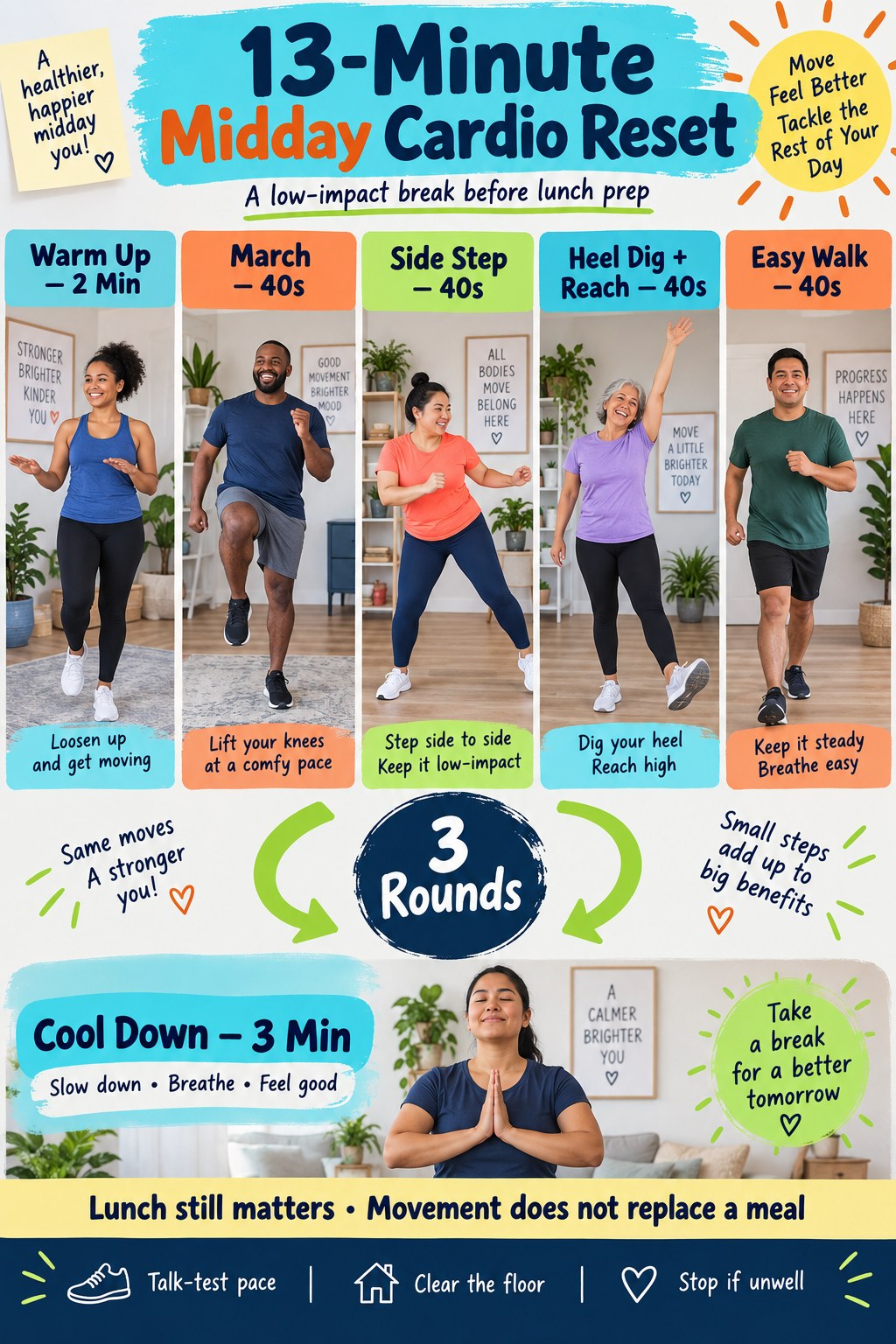 Midday cardio reset infographic showing marching, side steps, heel digs with reaches, easy walking, three rounds, cool-down, and a reminder that lunch matters.