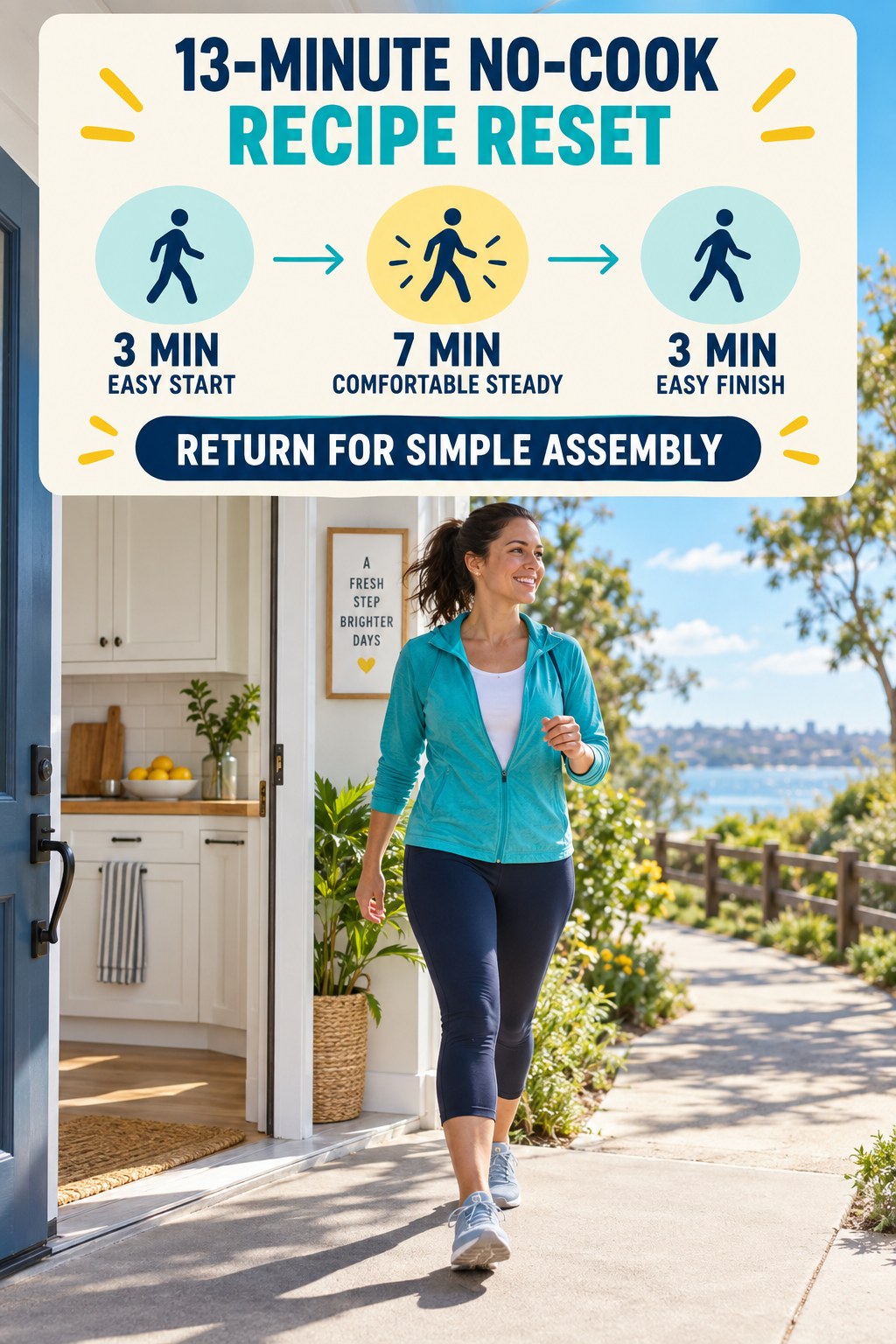 13-minute no-cook recipe reset walking routine with easy start, comfortable middle and easy finish