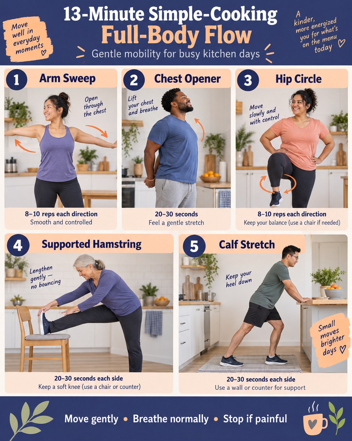 13-Minute Simple-Cooking Full-Body Flow infographic demonstrating arm sweeps, chest opener, hip circles, supported hamstring, and calf stretch