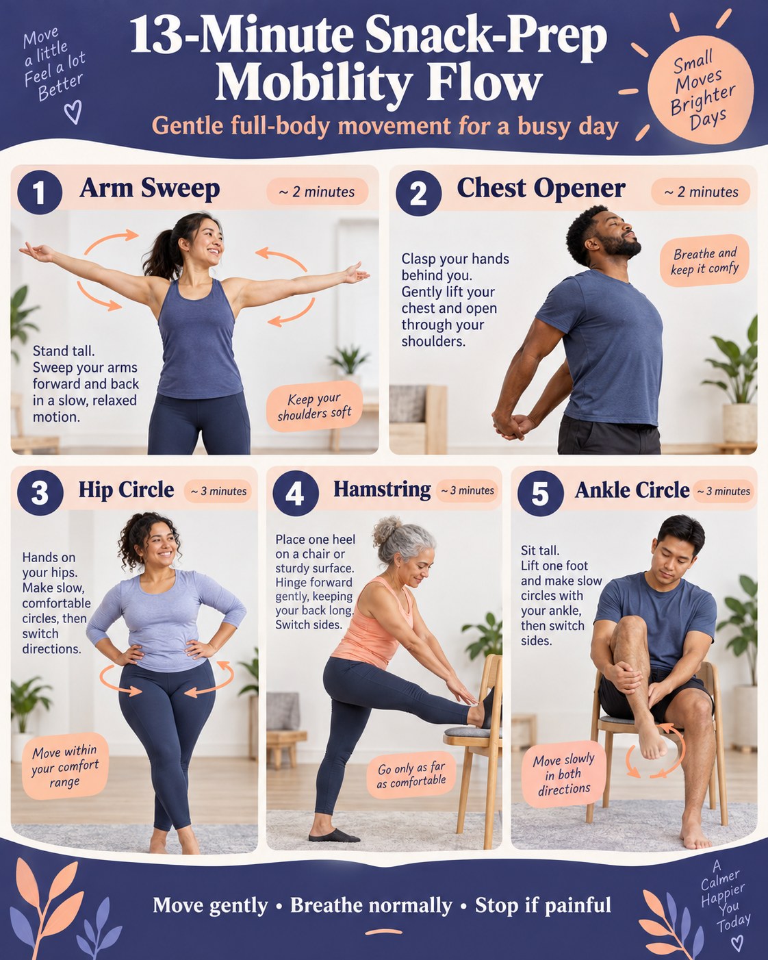 13-Minute Snack-Prep Mobility Flow infographic demonstrating arm sweeps, chest opener, hip circles, hamstring, ankle circles