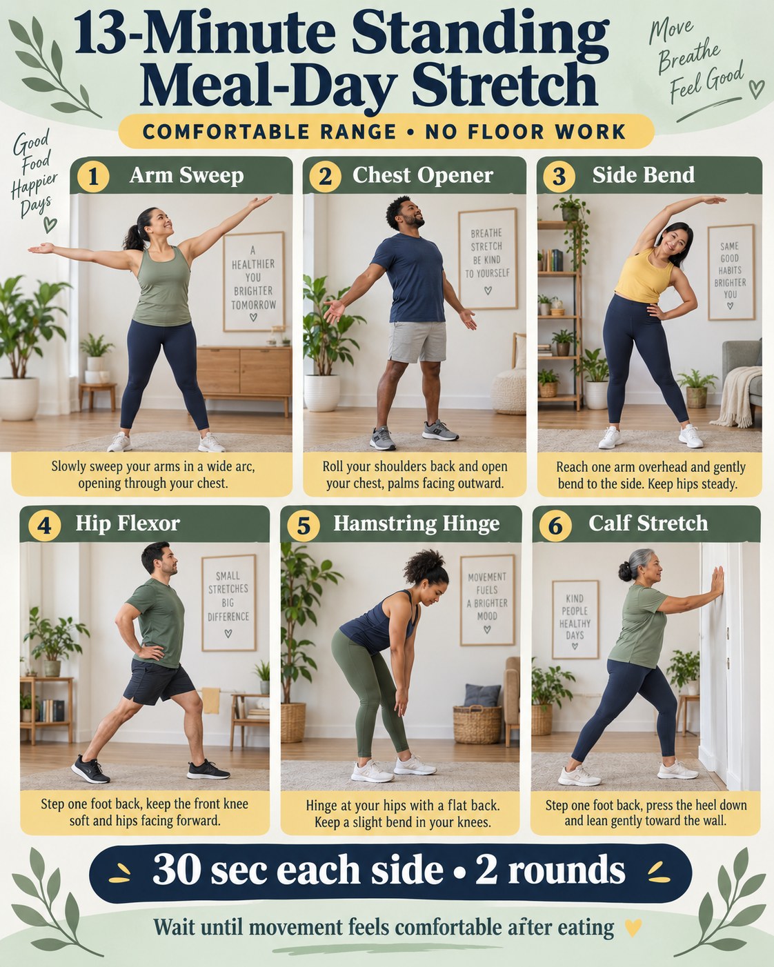 13-minute standing meal-day stretch infographic with six no-floor movements