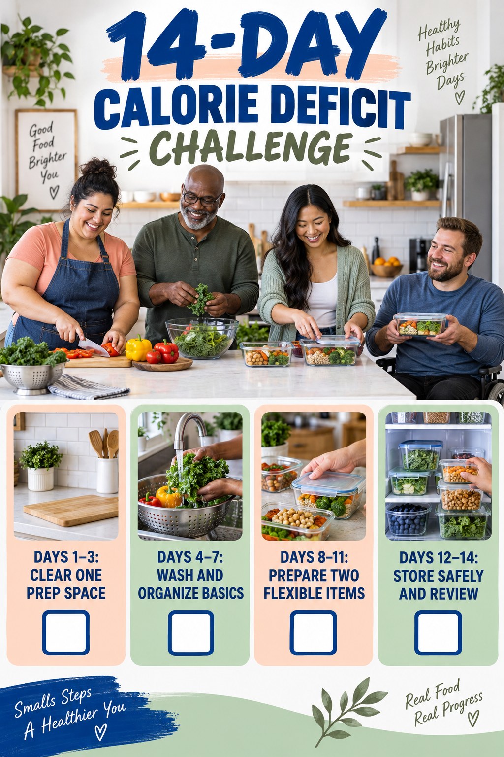 14-day Calorie Deficit challenge graphic showing four manageable milestones for consistent practice.