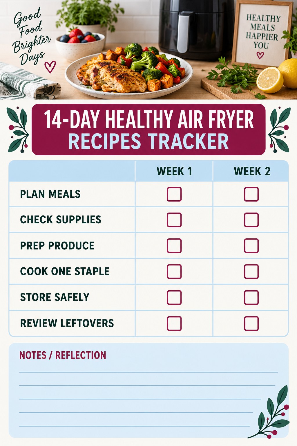14-Day Healthy Air Fryer Recipes printable-style tracker graphic with six labeled rows, empty checkboxes, and a reflection area.