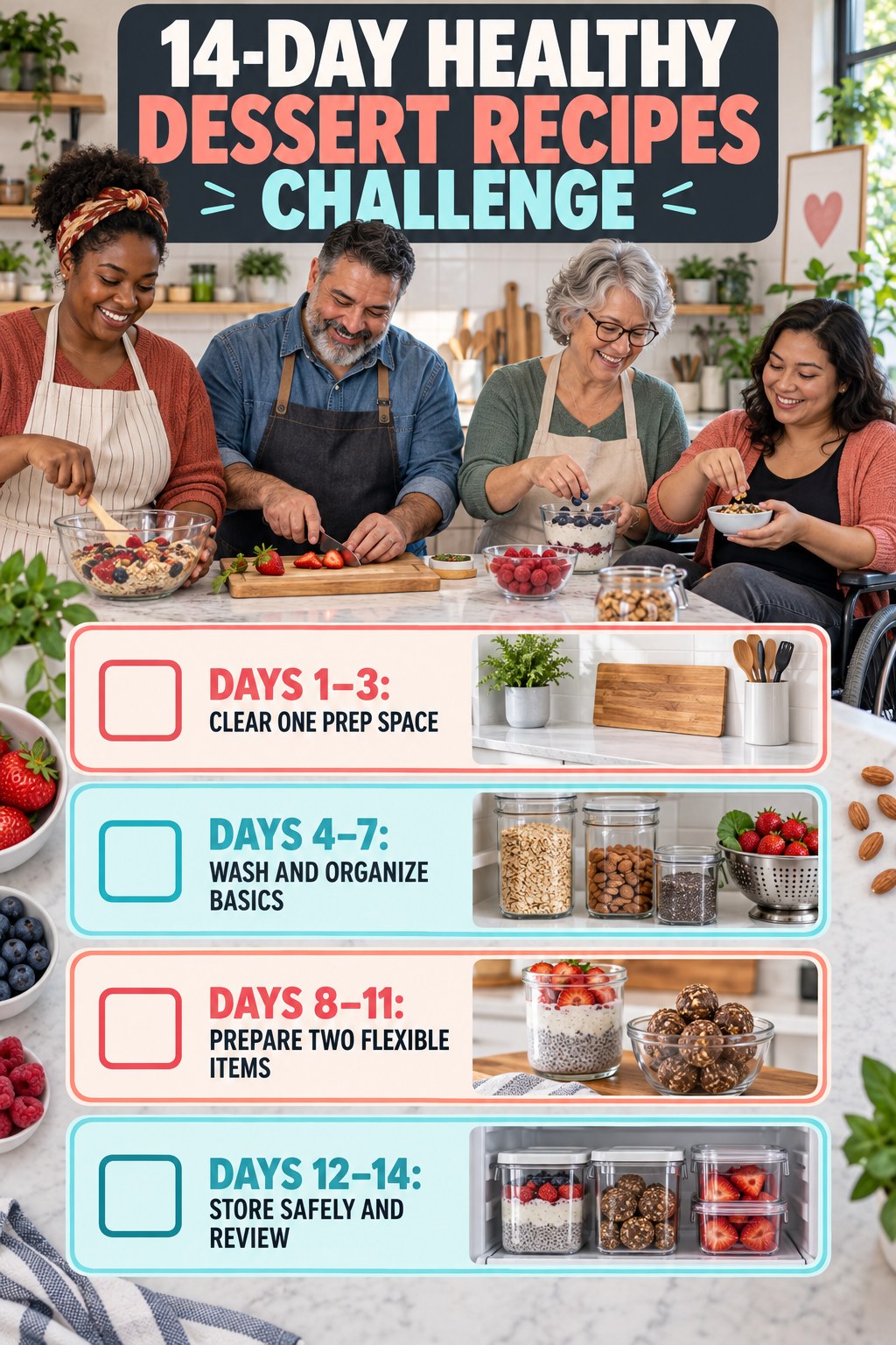 14-day Healthy Dessert Recipes challenge graphic showing four manageable milestones for consistent practice.