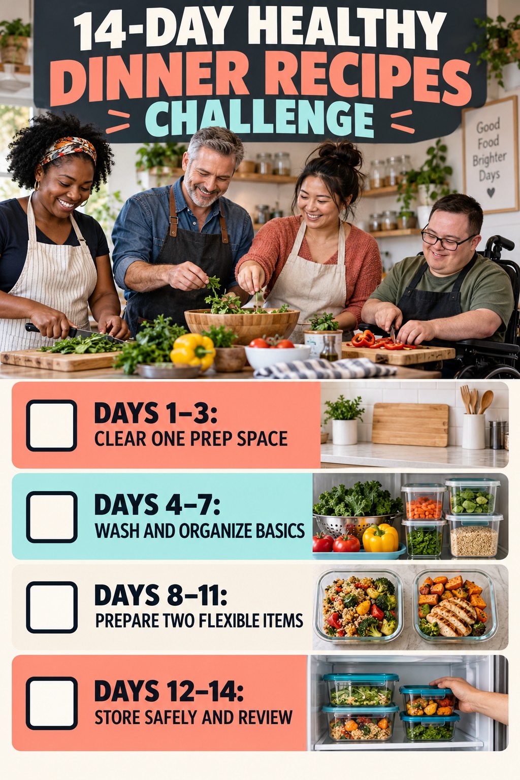 14-day Healthy Dinner Recipes challenge graphic showing four manageable milestones for consistent practice.