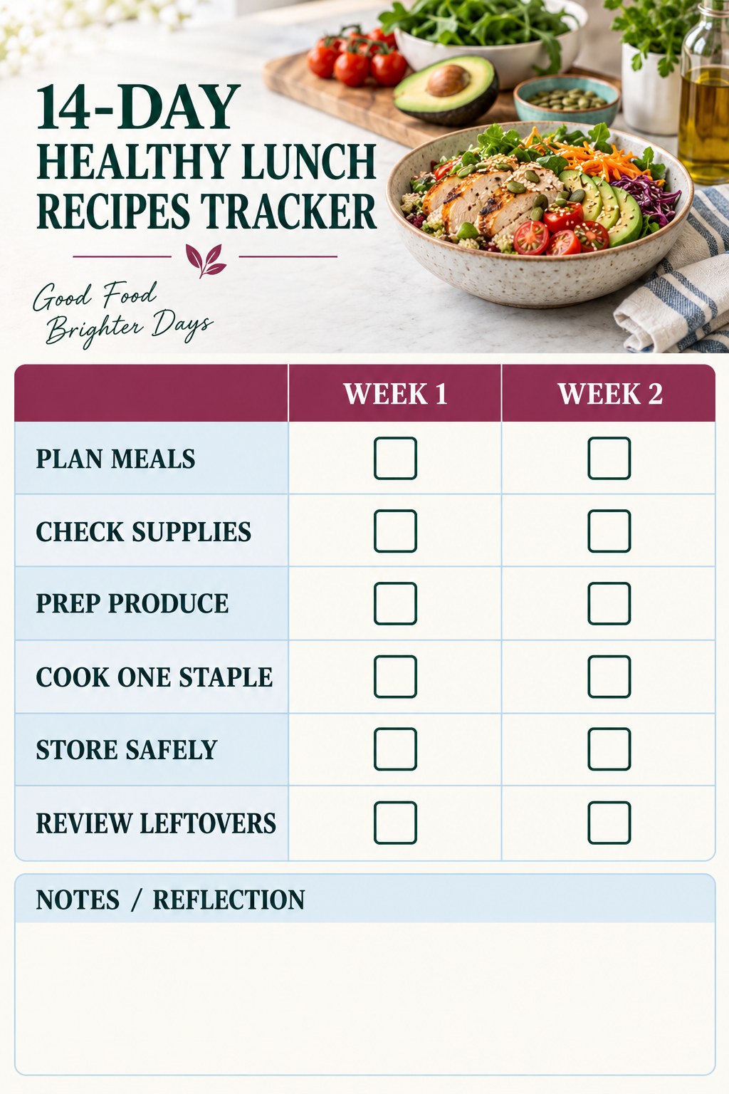 14-Day Healthy Lunch Recipes printable-style tracker graphic with six labeled rows, empty checkboxes, and a reflection area.