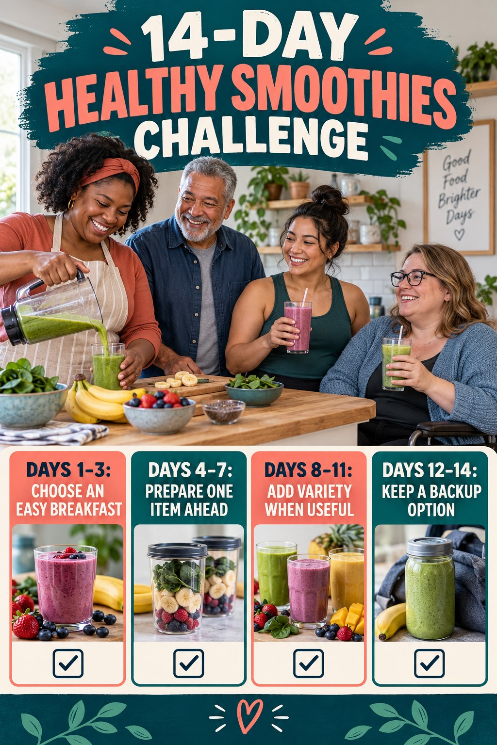 14-day Healthy Smoothies challenge graphic showing four manageable milestones for consistent practice.