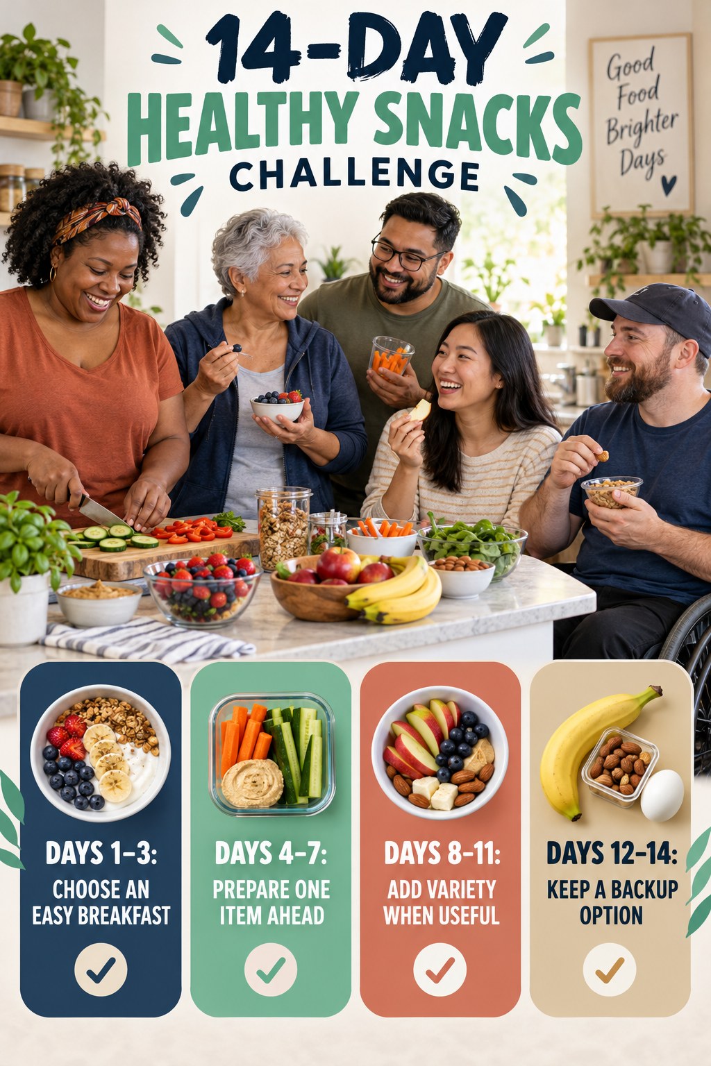 14-day Healthy Snacks challenge graphic showing four manageable milestones for consistent practice.