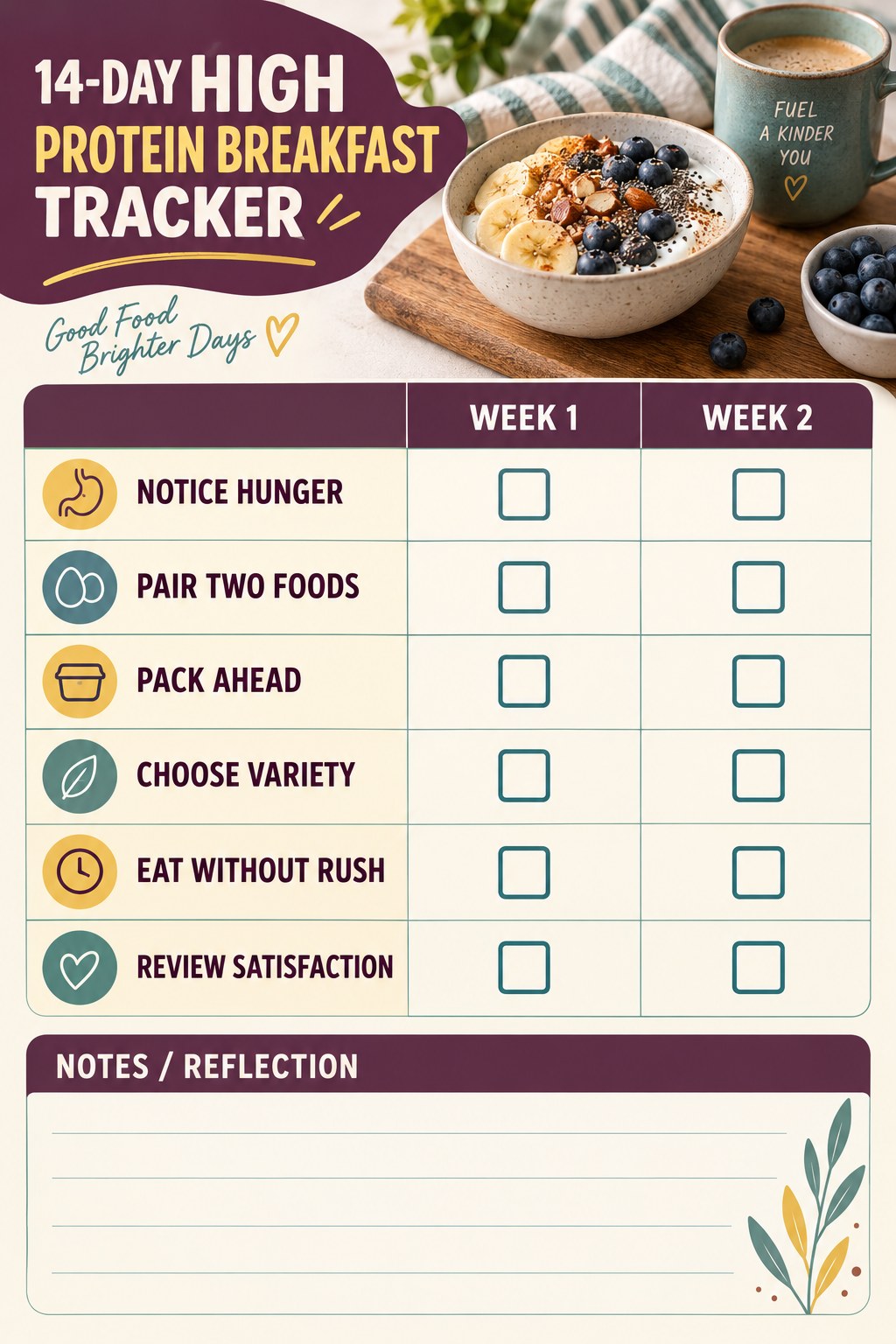 14-Day High Protein Breakfast printable-style tracker graphic with six labeled rows, empty checkboxes, and a reflection area.