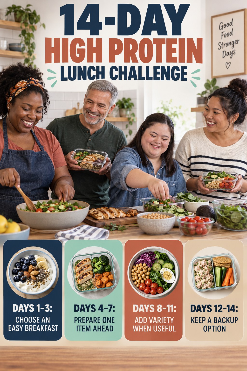 14-day High Protein Lunch challenge graphic showing four manageable milestones for consistent practice.