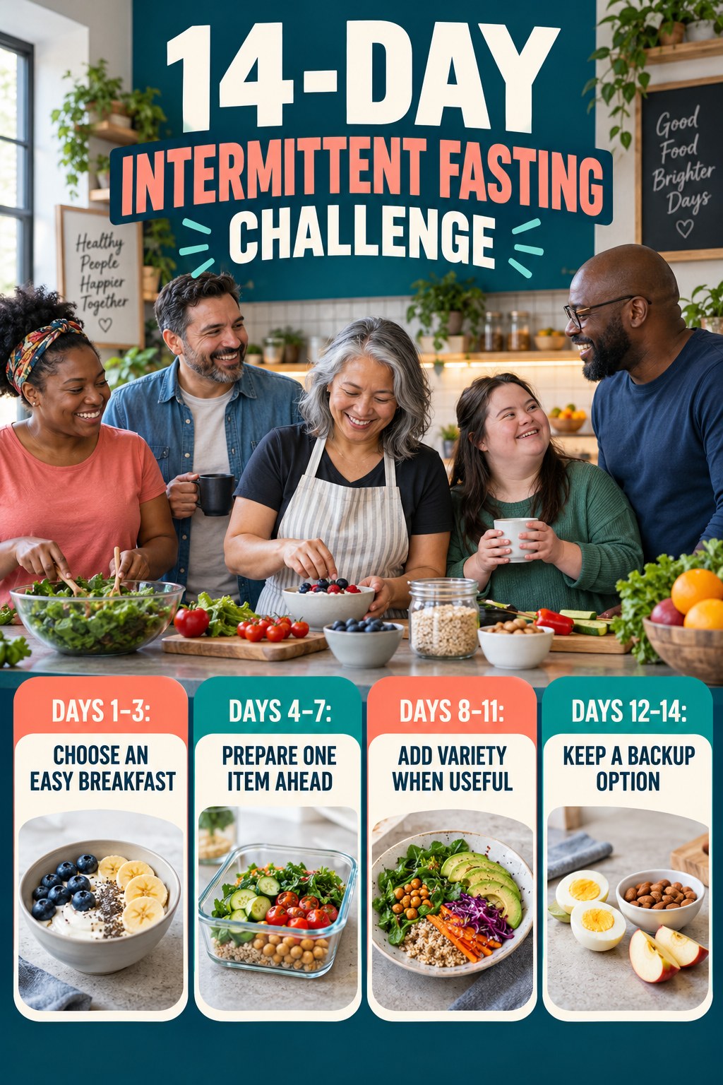 14-day Intermittent Fasting challenge graphic showing four manageable milestones for consistent practice.