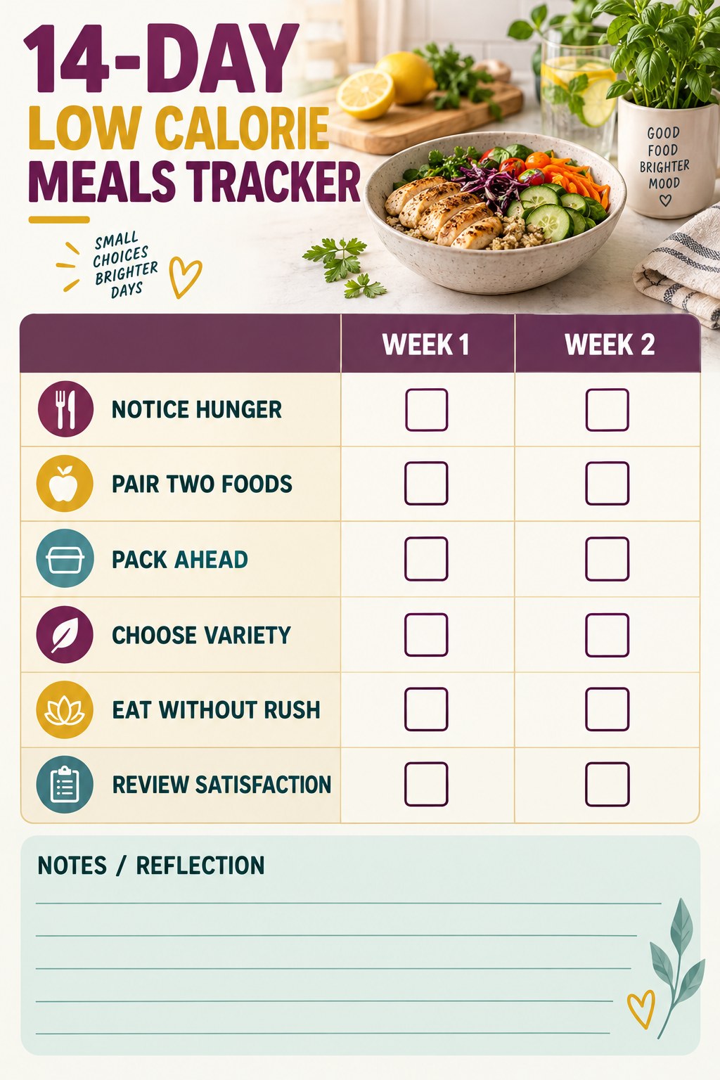 14-Day Low Calorie Meals printable-style tracker graphic with six labeled rows, empty checkboxes, and a reflection area.