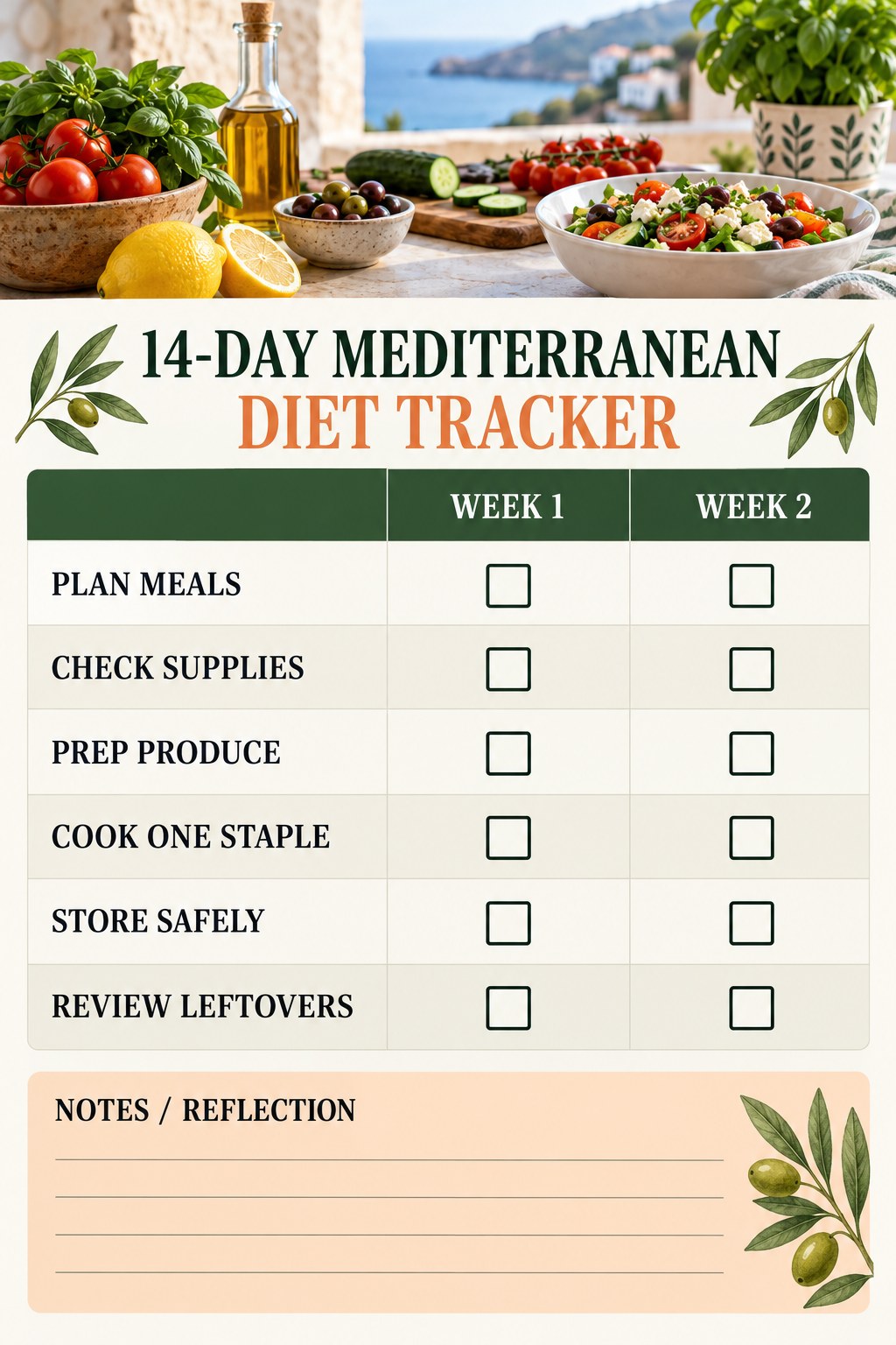 14-Day Mediterranean Diet printable-style tracker graphic with six labeled rows, empty checkboxes, and a reflection area.