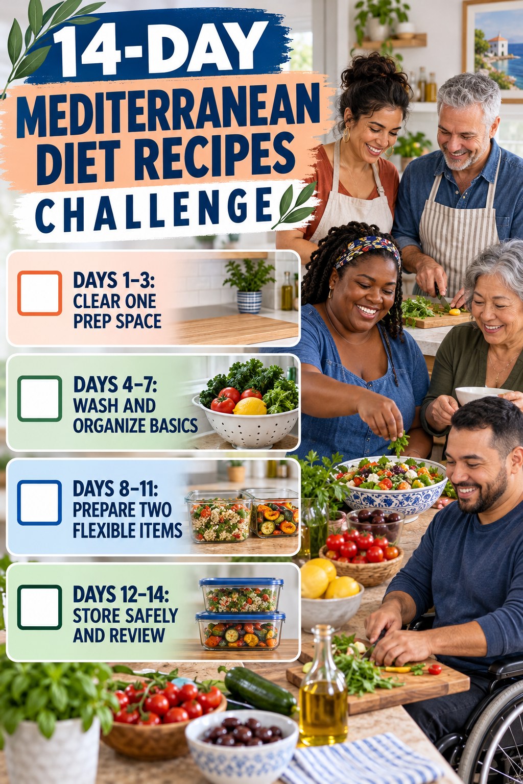 14-day Mediterranean Diet Recipes challenge graphic showing four manageable milestones for consistent practice.