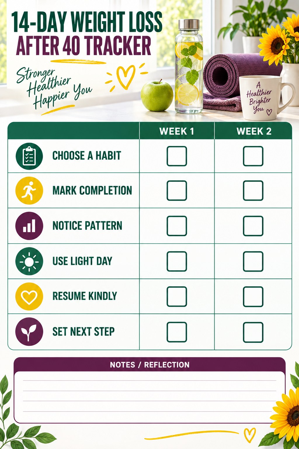 14-Day Weight Loss After 40 printable-style tracker graphic with six labeled rows, empty checkboxes, and a reflection area.