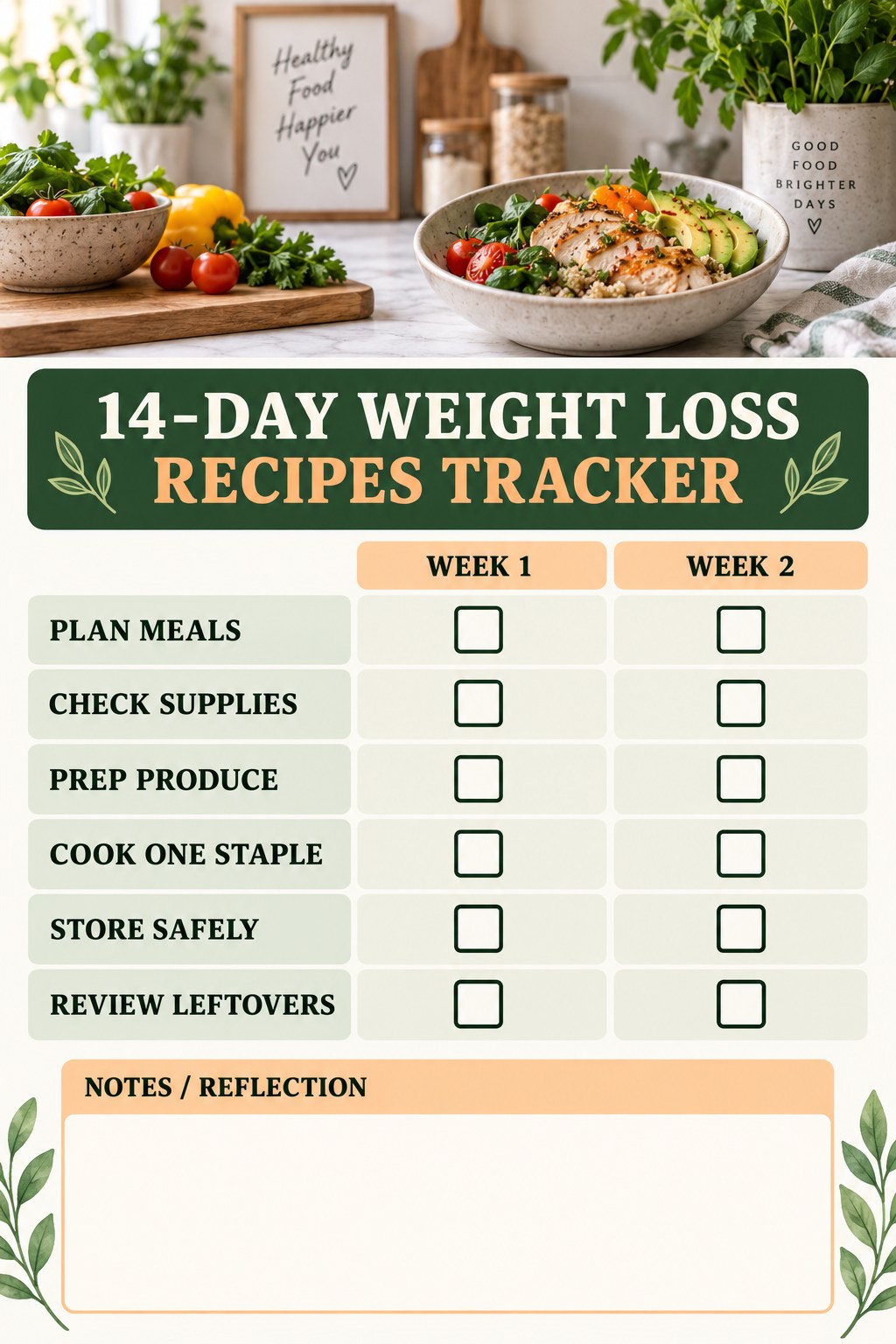 14-Day Weight Loss Recipes printable-style tracker graphic with six labeled rows, empty checkboxes, and a reflection area.