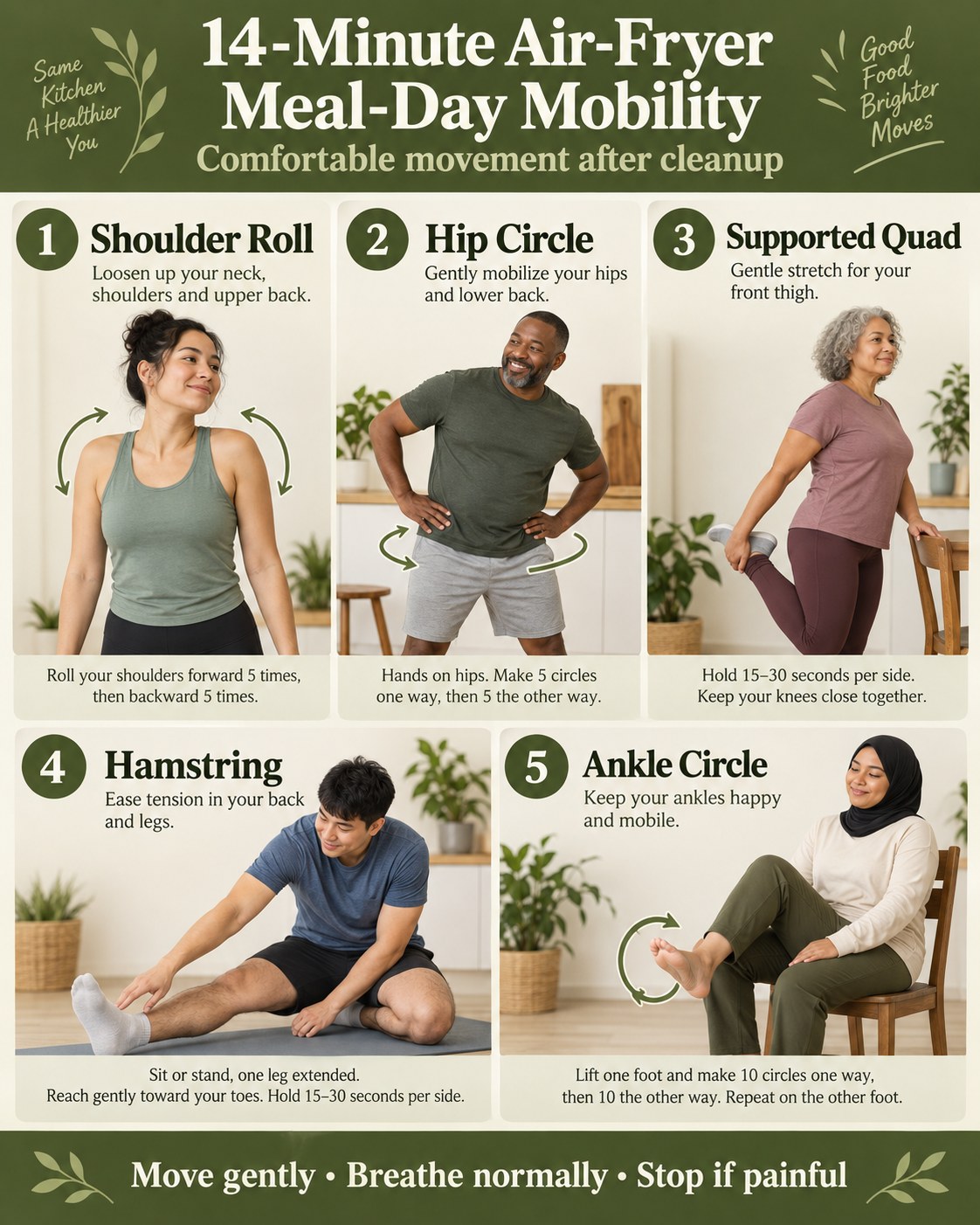 14-Minute Air-Fryer Meal-Day Mobility infographic demonstrating shoulder rolls, hip circles, supported quadriceps, hamstring, ankle circles