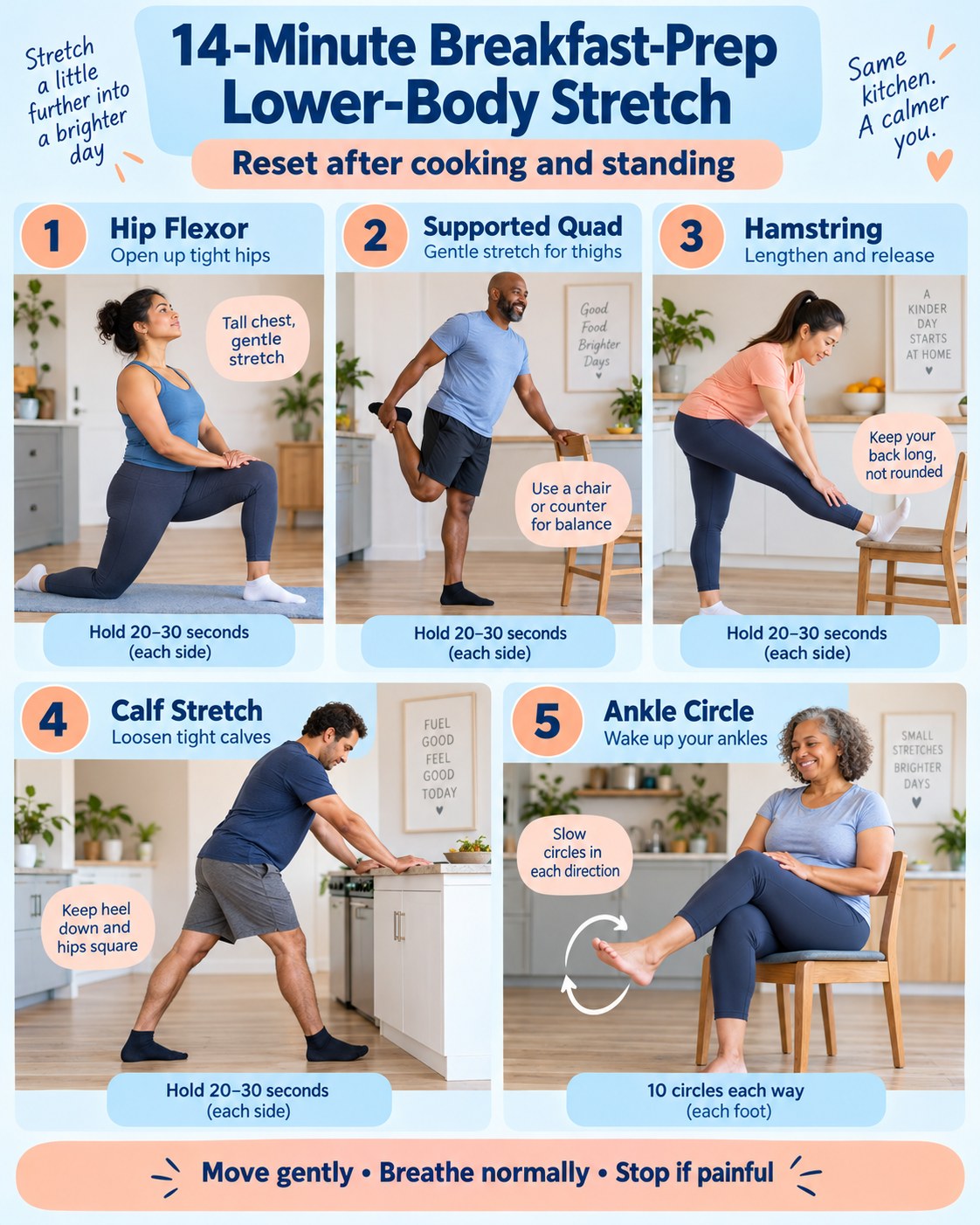 14-Minute Breakfast-Prep Lower-Body Stretch infographic demonstrating hip flexor, supported quadriceps, hamstring, calf stretch, ankle circles