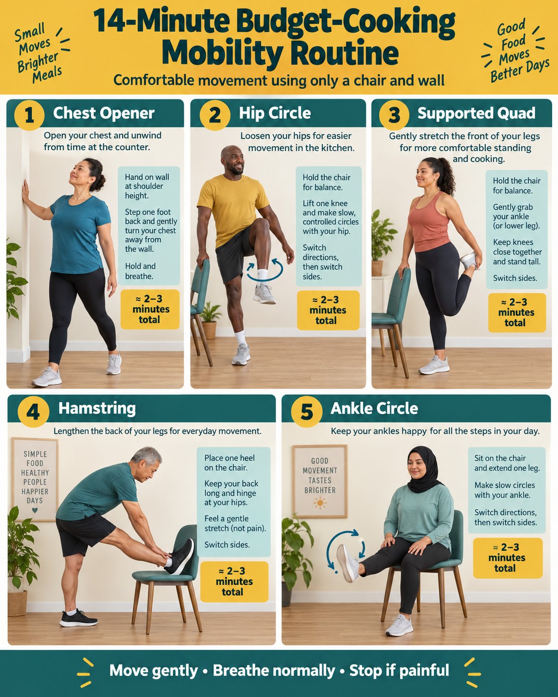 14-Minute Budget-Cooking Mobility Routine infographic demonstrating chest opener, supported hip circles, supported quadriceps, hamstring stretch, and ankle circles