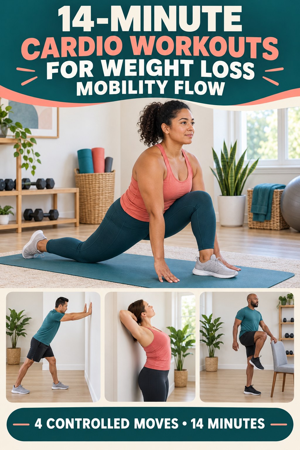 Adult demonstrating low lunge rock-backs in a 14-minute cardio workouts for weight loss mobility flow infographic.