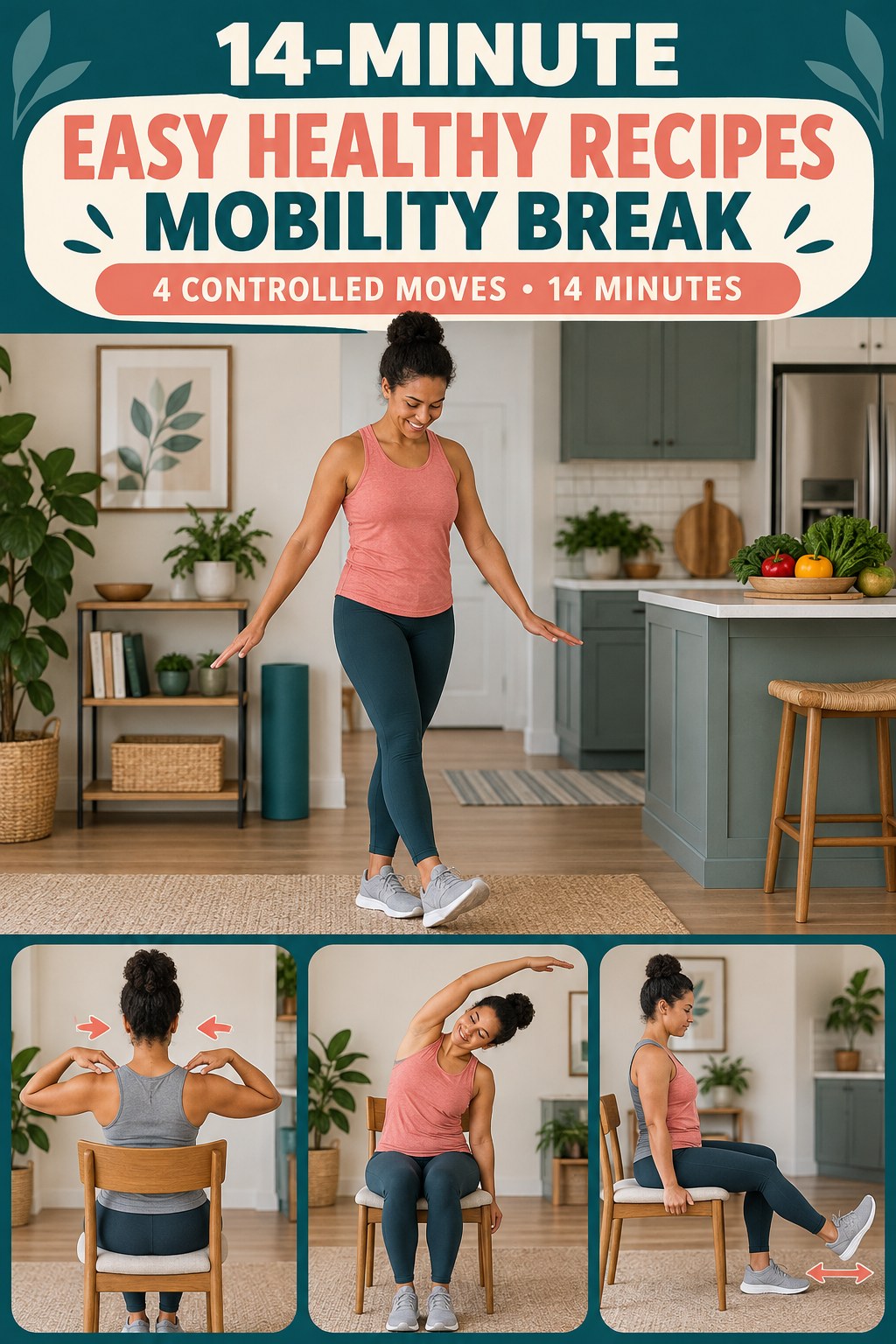 Adult demonstrating heel-to-toe ankle rocks in a 14-minute easy healthy recipes mobility break infographic.