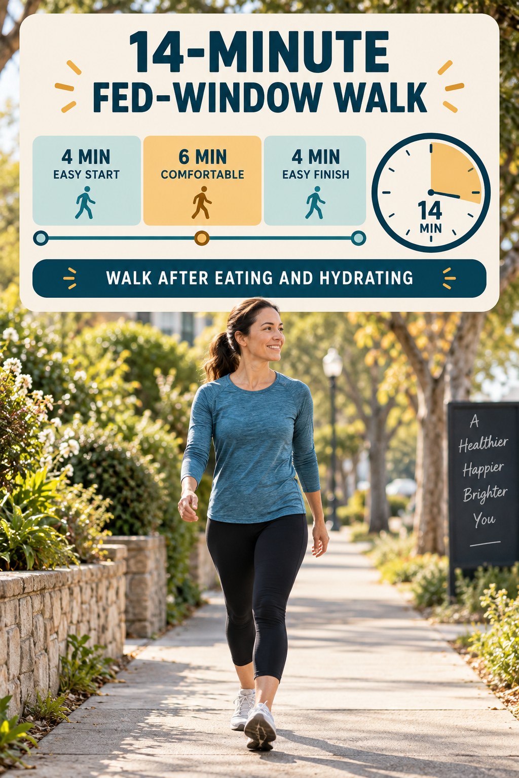 14-minute fed-window walking routine with easy start, comfortable walk and easy finish