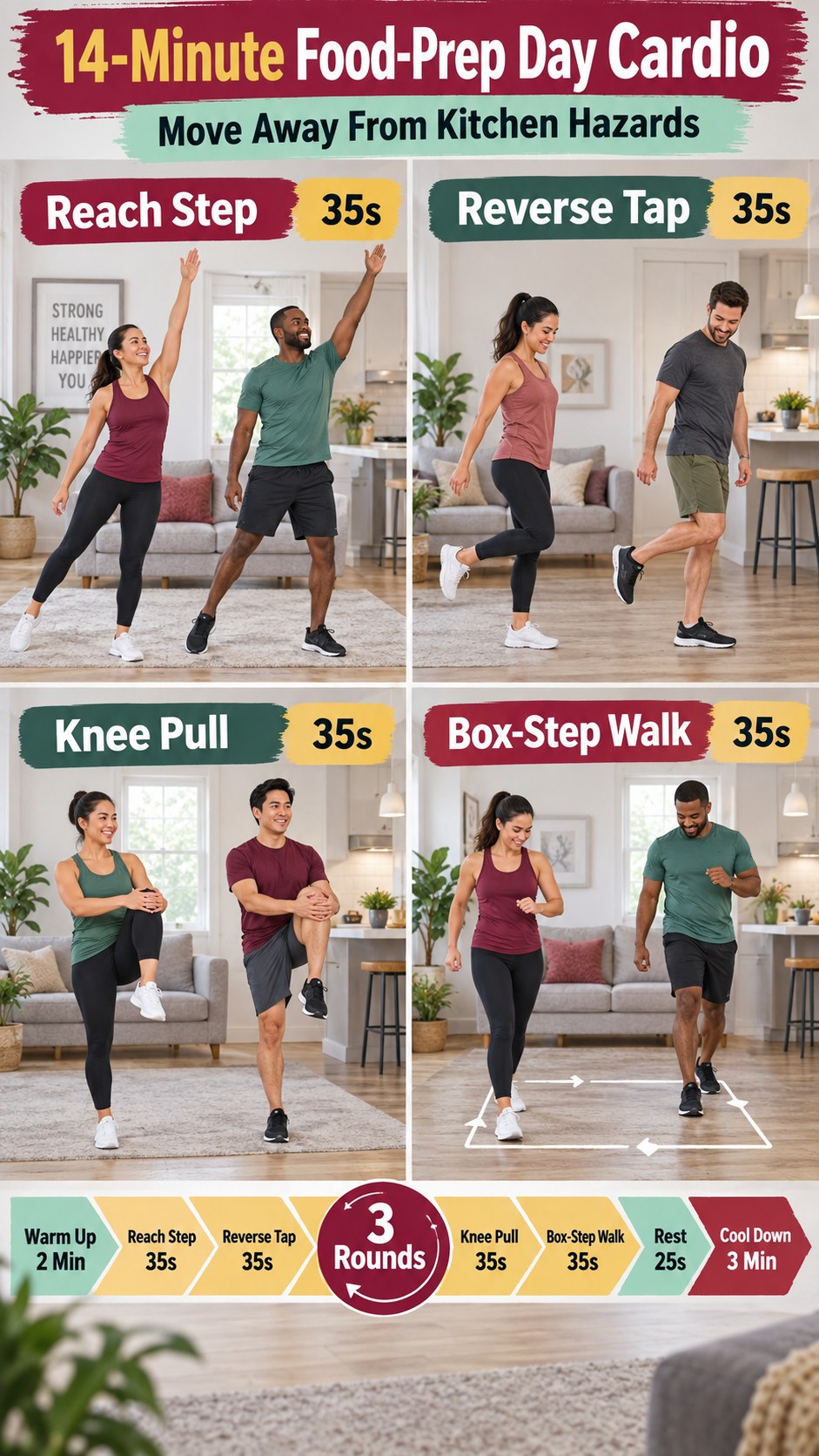 Food-prep day cardio infographic showing reach steps, reverse taps, standing knee pulls, and box-step walking away from kitchen hazards.