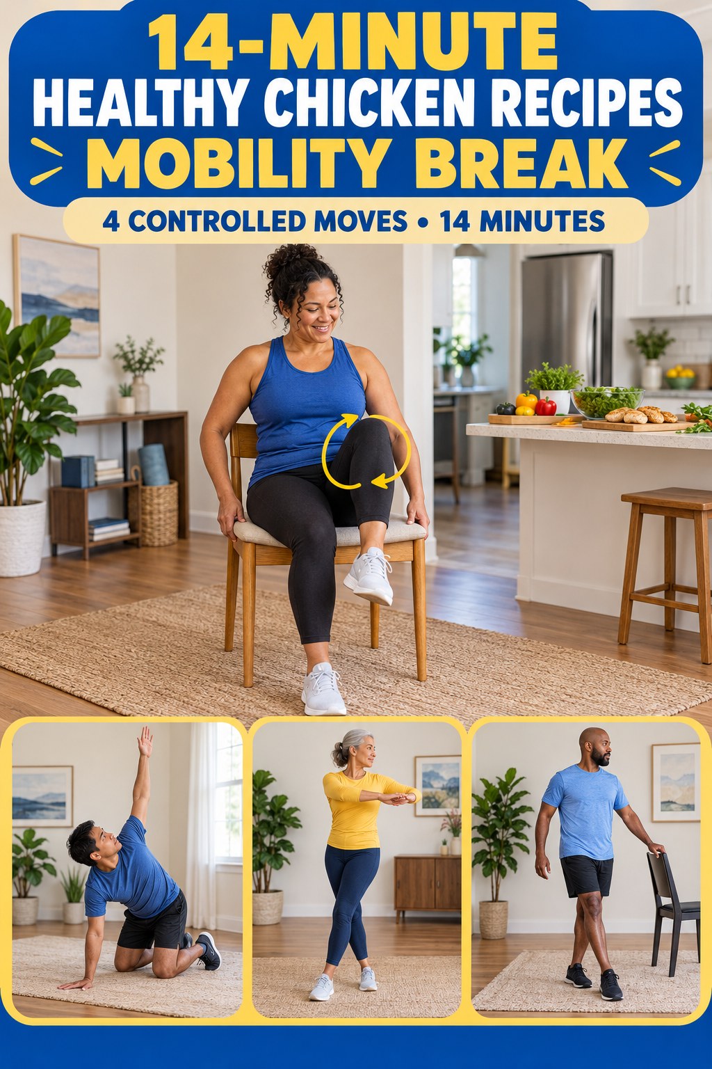 Adult demonstrating chair-assisted knee circles in a 14-minute healthy chicken recipes mobility break infographic.