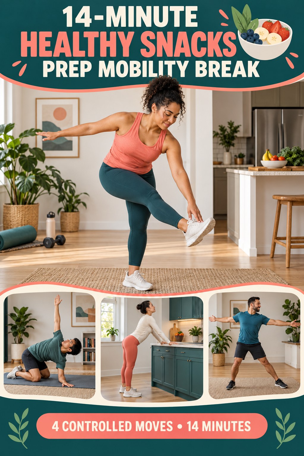 Adult demonstrating standing hamstring scoops in a 14-minute healthy snacks prep mobility break infographic.