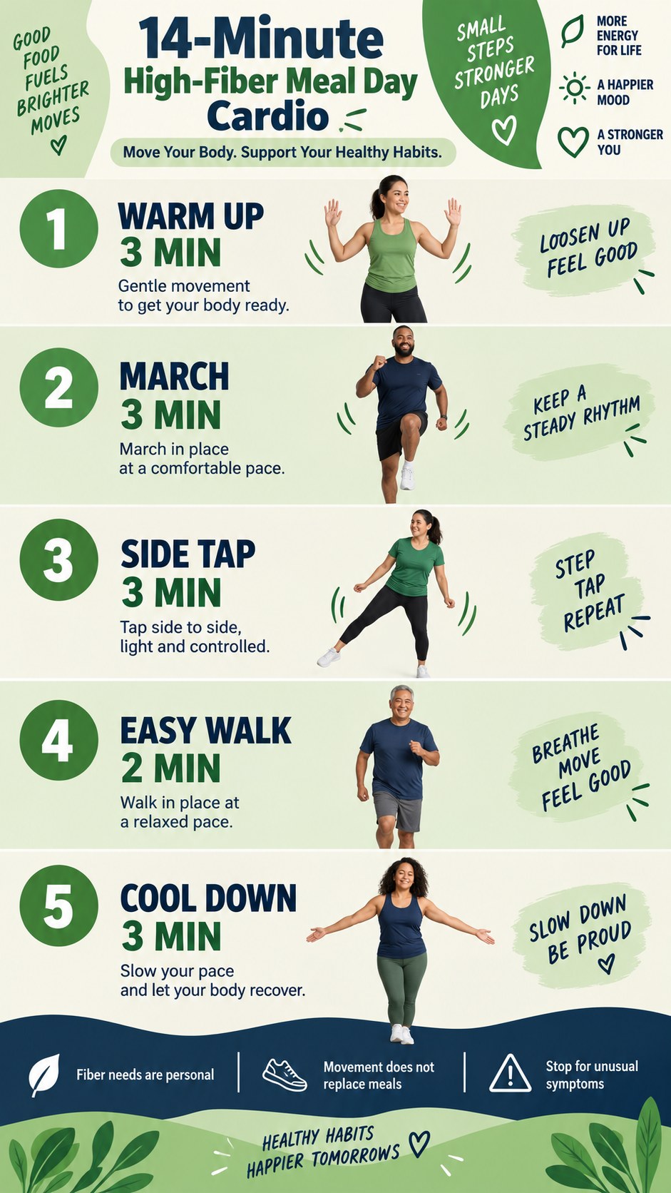 14-minute high-fiber meal day cardio infographic with five low-impact timed steps