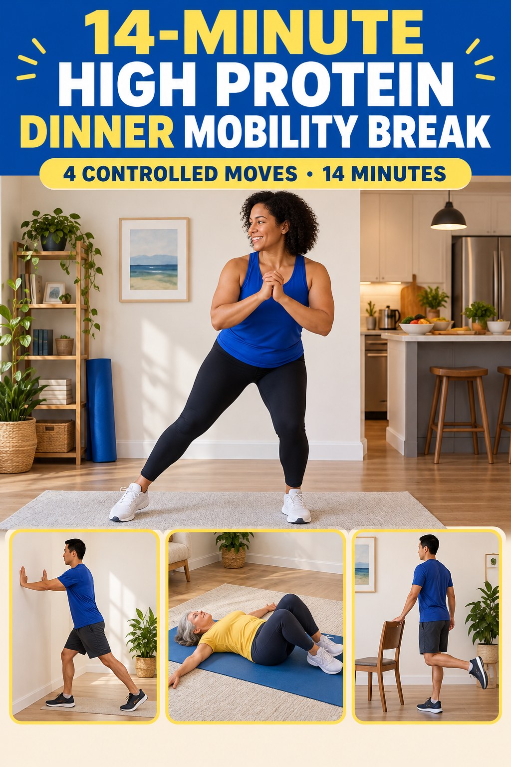 Adult demonstrating supported lateral weight shifts in a 14-minute high protein dinner mobility break infographic.