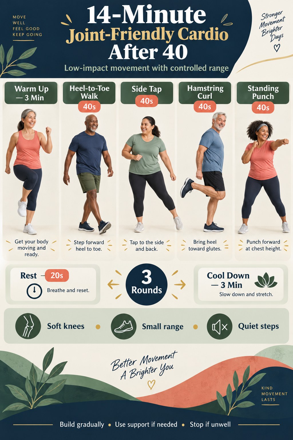Joint-friendly cardio after 40 infographic showing heel-to-toe walking, side taps, hamstring curls, standing punches, rest, and three rounds.