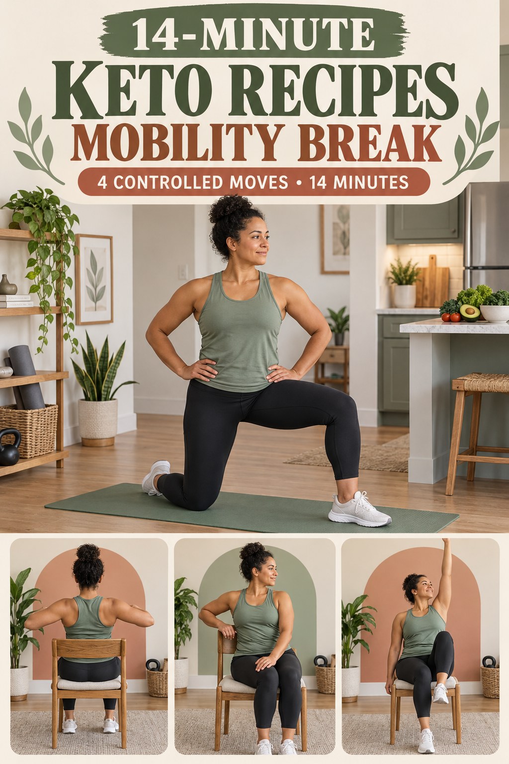 Adult demonstrating half-kneeling hip shifts in a 14-minute keto recipes mobility break infographic.