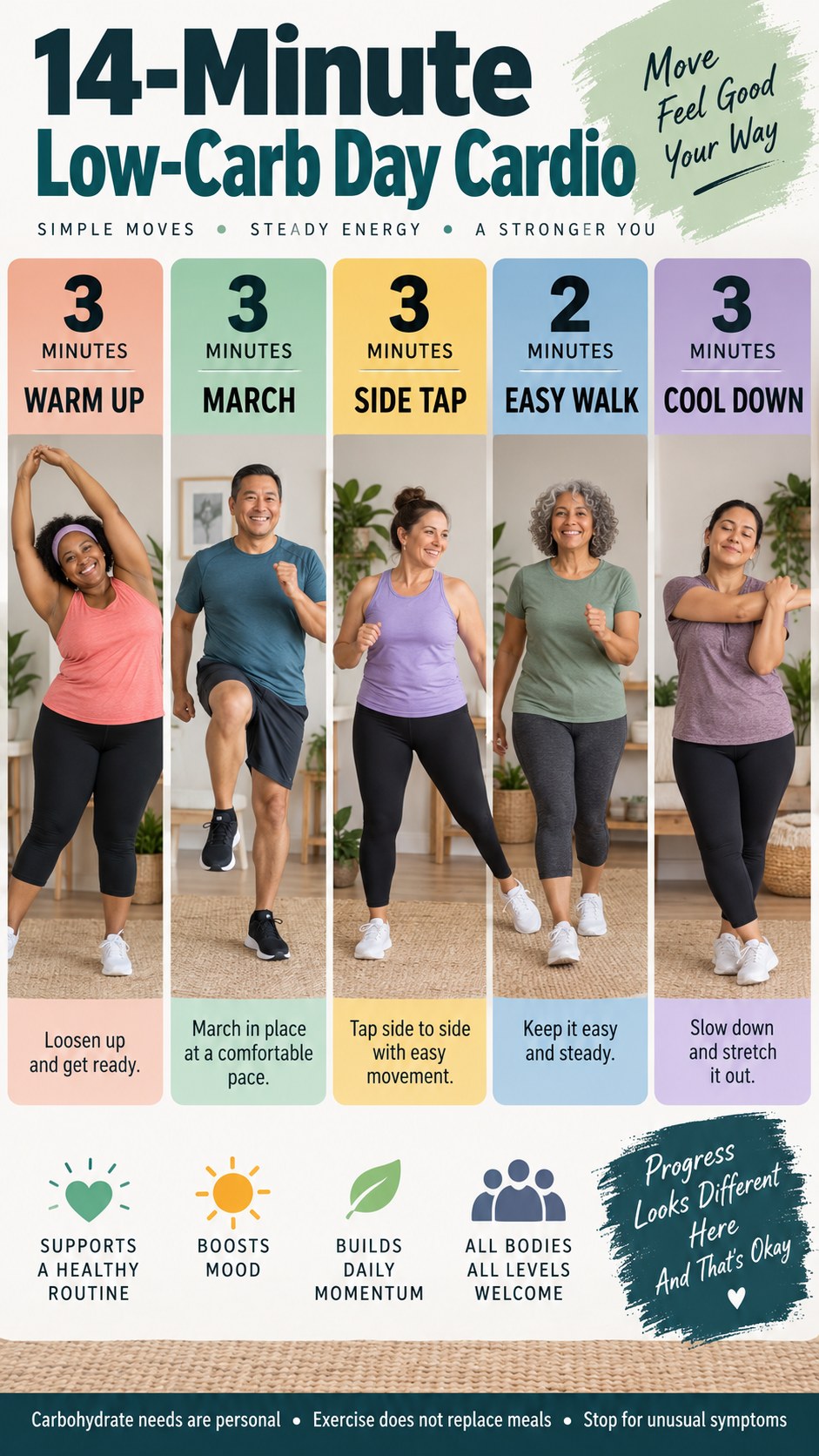 English infographic for 14-minute low-carb day cardio showing timed low-impact moves and safety guidance.