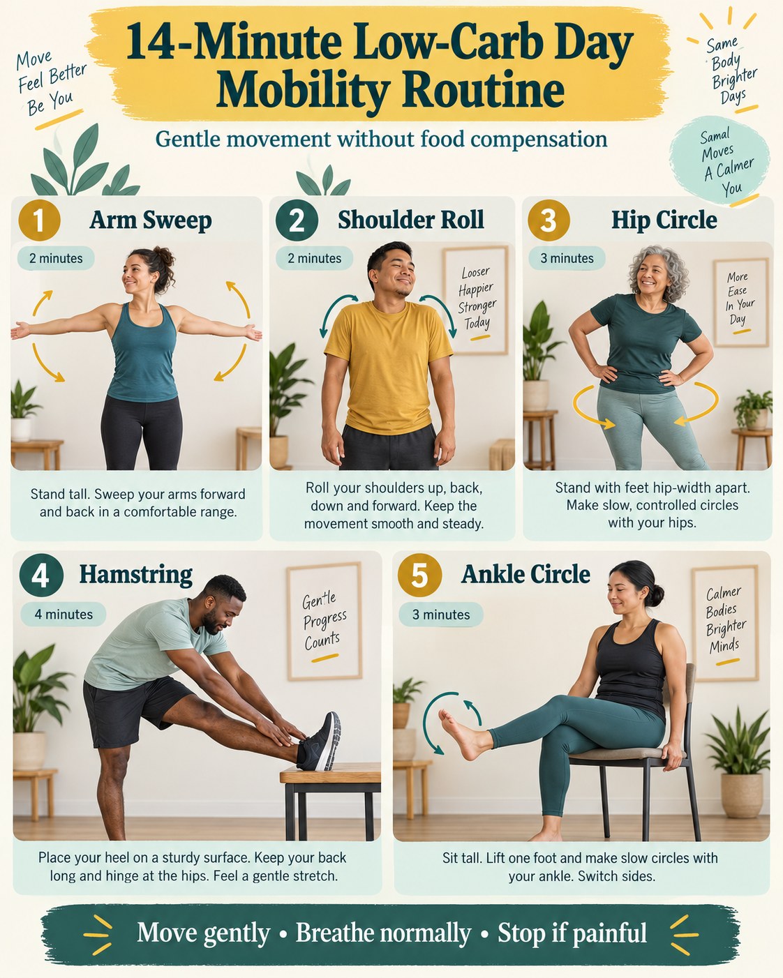 14-Minute Low-Carb Day Mobility Routine infographic demonstrating arm sweeps, shoulder rolls, hip circles, hamstring, ankle circles
