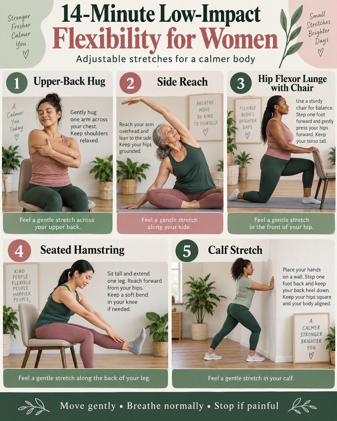 Women following a low-impact flexibility routine with upper-back hug, side reach, supported hip flexor, hamstring, and calf stretches